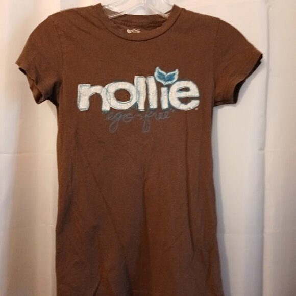 NOLLIE Skater T-shirt Jr. Small Brown short sleeve Blue Embroidered SLIM FIT Sur - Picture 1 of 7